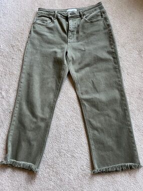 Vervet Olive Green Straight-Leg Jeans with Frayed Hem